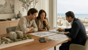 français étudiant un projet immobilier face aux immeubles modernes du littoral israélien.